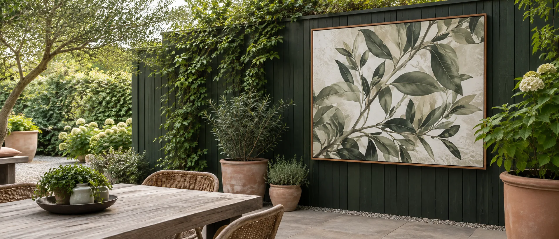 Sfeervolle tuin met wanddecoratie
