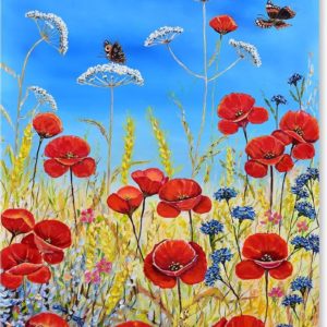Graphic Message - Schilderij op Canvas - Bloemen met Vlinders en Klaprozen - Woonkamer Kunst