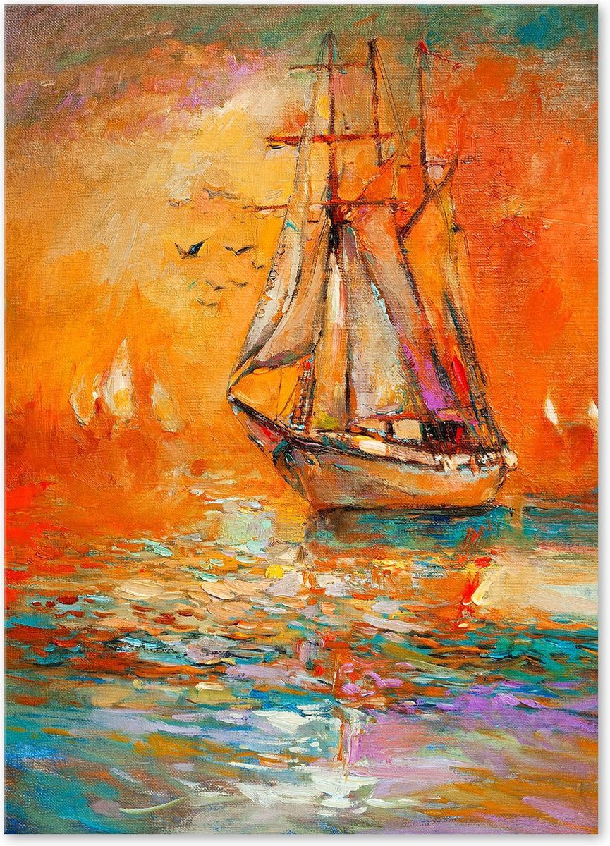 Graphic Message - Schilderij op Canvas - Boot op Zee - Kleurrijk - Oranje - Woonkamer Kunst