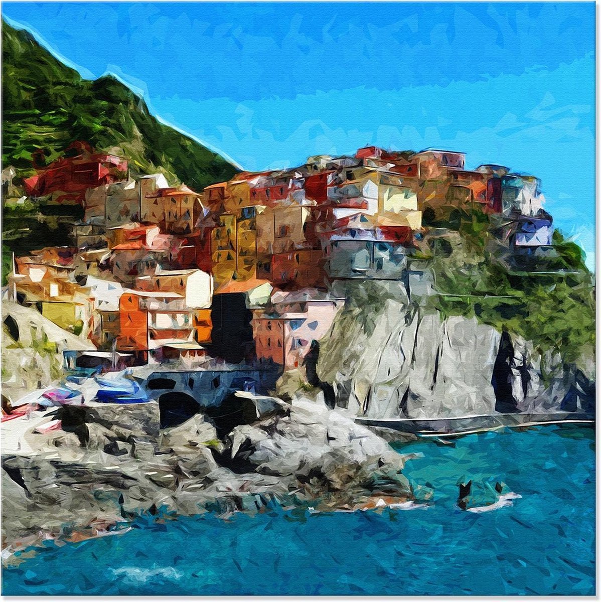 Graphic Message - Schilderij op Canvas - Huizen Cinque Terre aan Zee - Italië - Woonkamer