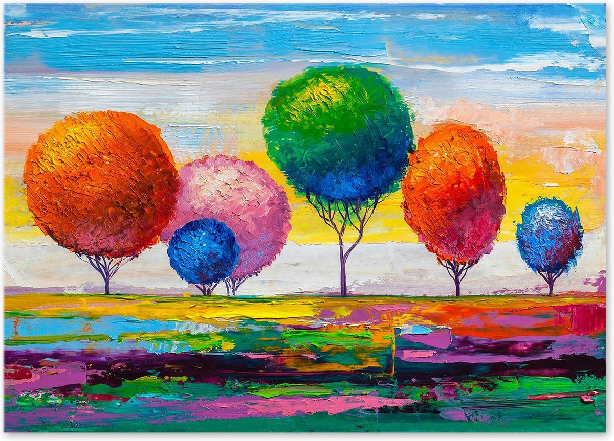 Graphic Message - Schilderij op Canvas - Kleurrijke Ronde Bomen - Landschap - Woonkamer