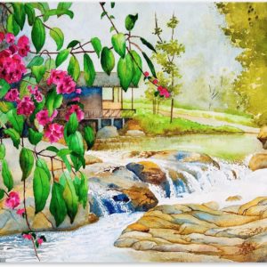 Graphic Message - Schilderij op Canvas - Thailand - Huis bij Rivier met Bloemen - Landschap