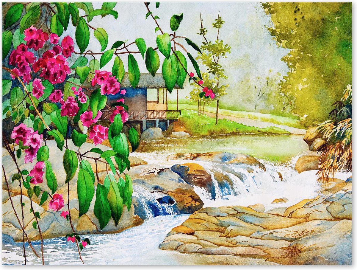 Graphic Message - Schilderij op Canvas - Thailand - Huis bij Rivier met Bloemen - Landschap