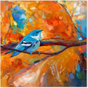 Graphic Message - Schilderij op Canvas - Vogel op Tak - Oranje - Kleurrijk Abstract - Woonkamer