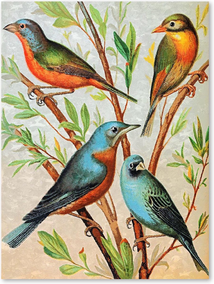 Graphic Message - Schilderij op Canvas - Vogels in Boom - Vogel Kunst - Vintage Decoratie