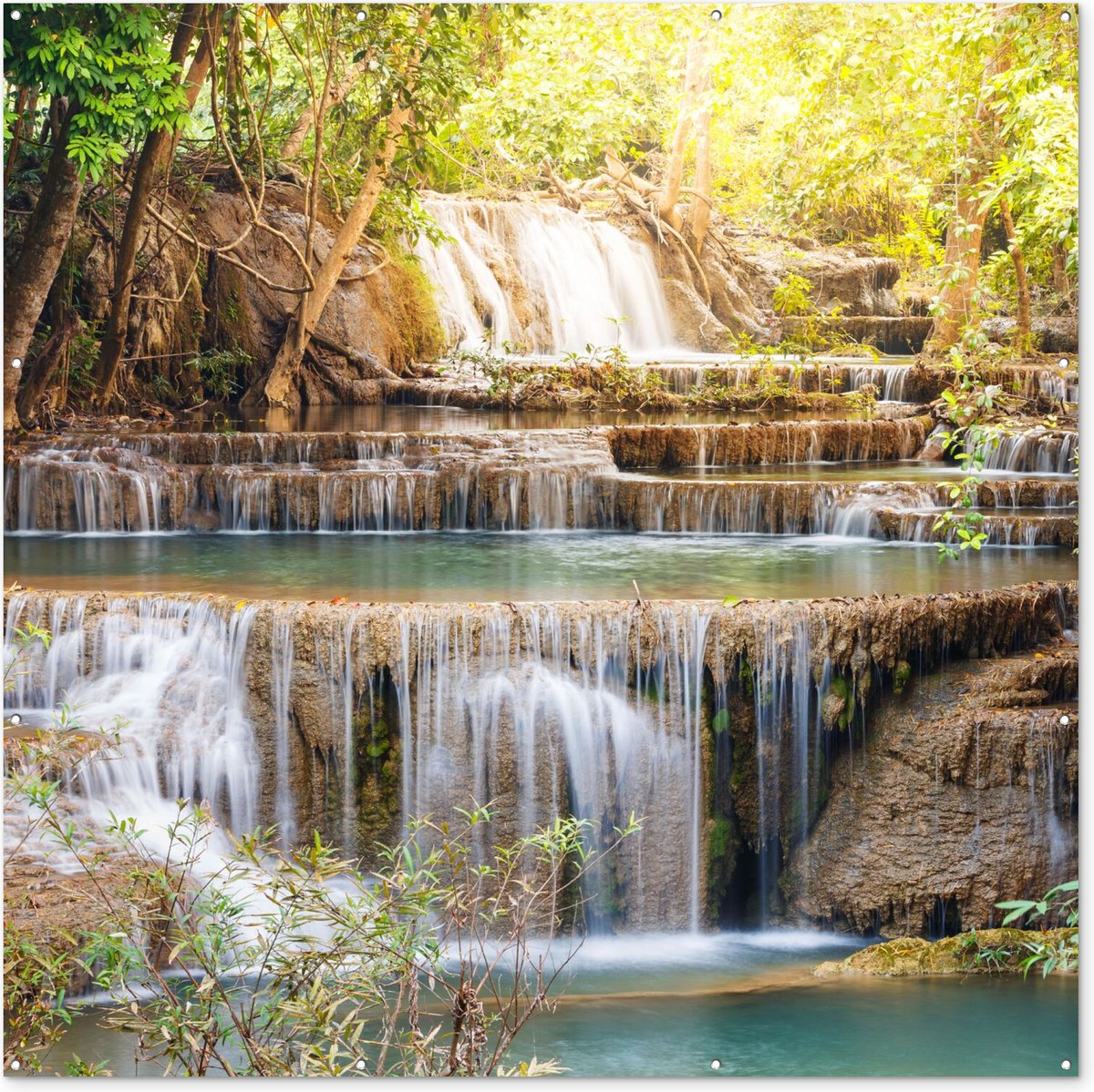 Tuinposter - Waterval - Zon - Water - Bos - Natuur - 200x200 cm - Schuttingdoek - Tuindoek - Tuinposter waterval