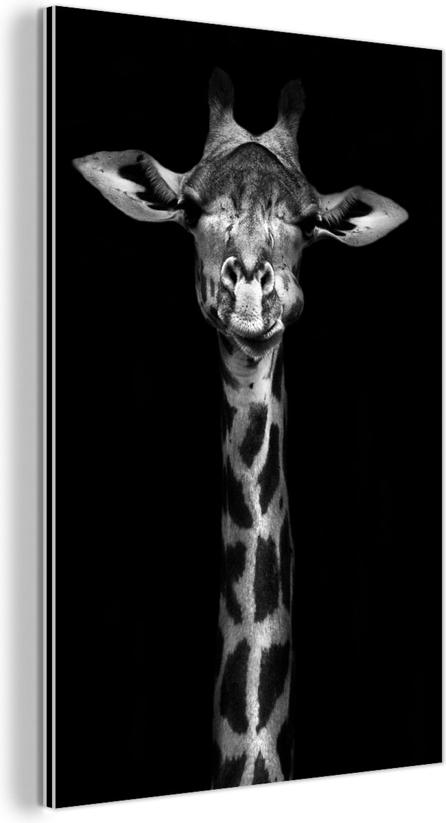 Wanddecoratie Metaal - Aluminium Schilderij Industrieel - Giraffe - Portret - Dieren - Zwart - Wit - 80x120 cm - Dibond - Foto op aluminium - Industriële muurdecoratie - Voor de woonkamer/slaapkamer