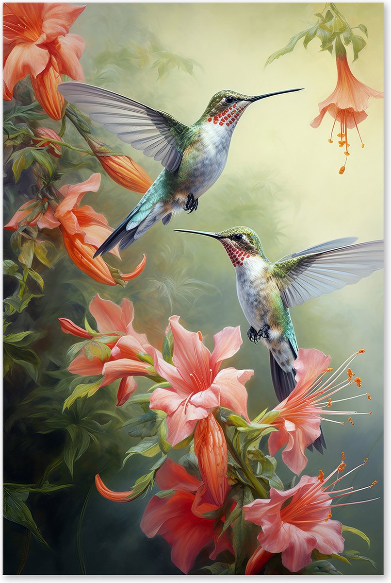 Graphic Message - Schilderij op Canvas - Kolibries - Vogels - Bloemen